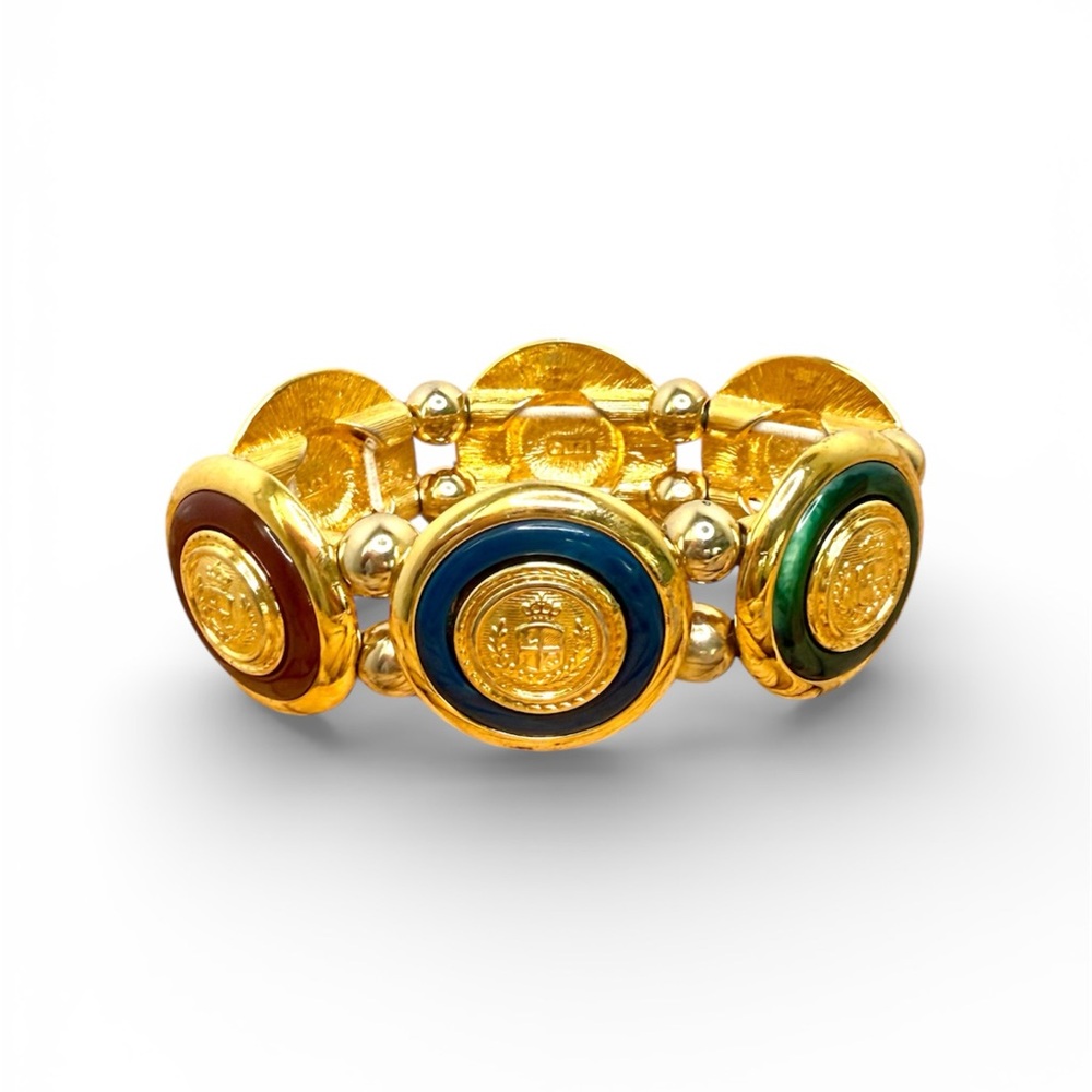 Vintage Liz Claiborne gold stretch bracelet blue green burgundy Enamel Medallion
